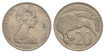 Новая Зеландия 20 центов 1974 Елизавета II (1952-2022), птичка киви KM 36.1 медно-никель 4653-311
