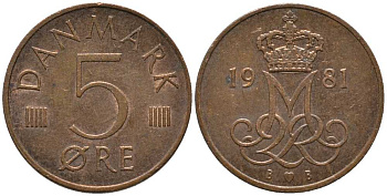 ДАНИЯ 5 ЭРЕ 1981 B; B, МАРГРЕТЕ II (1972-) KM 859.2 железо плакированное медью 116-148