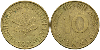 ФРГ 10 ПФЕННИГОВ 1971 G KM 108, J. 383 сталь плакированная латунью 75-631