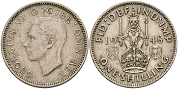 Великобритания 1 шиллинг 1948 Георг VI (1936-1952), Шотландский герб KM 864, Spink 4104 медно-никель  4595-915