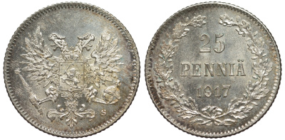 Россия для Финляндии 25 пенни 1917 S, временное правительство, без короны KM 19, Биткин 2 серебро 75-1458