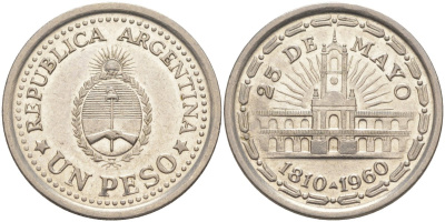 Аргентина 1 песо 1960 150 лет свержения Испанского вице-короля (1810-1960) KM 58 сталь плакированная никелем 219-1233