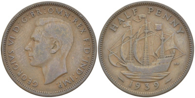 Великобритания 1/2 пенни 1939 Георг VI (1936-1952) KM 844, Spink 4115 бронза 4539-415