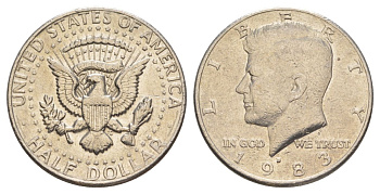 США 1/2 доллара (50 центов) 1983 D, Джон Кеннеди KM A202b медь плакированная медно-никелем aUNC 180-335