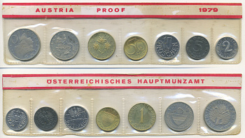 Австрия набор из 7 монет  1979  2, 5, 10, 50 грошей, 1, 5, 10 шиллингов, в целлофане KM PS 39 PROOF 4400-4-2