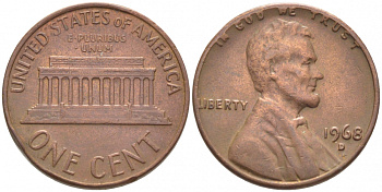 США 1 ЦЕНТ 1968 D, ЛИНКОЛЬН KM 201 медь цинк 105-1065