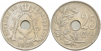 БЕЛЬГИЯ 25 САНТИМОВ 1922 BELGIQUE KM 68.1 медно-никель 87-1532