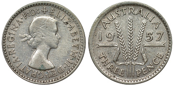 Австралия 3 пенса 1957 m, Елизавета II (1952-2022) KM 57 серебро 71-469