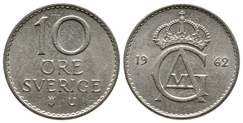 Швеция 10 эре 1962 U Густав VI Адольф (1950-1973) KM 835 медно-никель 3458-147