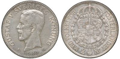 Швеция 2 кроны 1940 G, Густав V (1907-1950) , перерезанная четверка KM 787 серебро 4178-1335