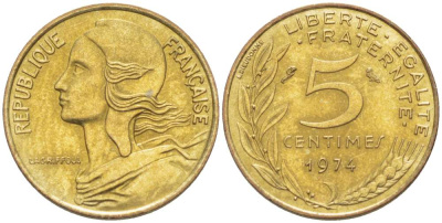 ФРАНЦИЯ 5 САНТИМОВ 1974 ТИП MARIANE KM 933, LE FRANC 125.10 алюминиевая бронза 4516-817
