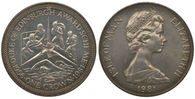 Остров Мэн 1 крона 1981 приз герцога Эдинбургского, альпинизм, плавание, уход за больными KM 75 медно-никель UNC 1077-8-63