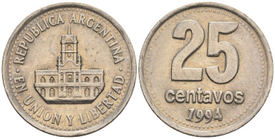 Аргентина 25 сентаво 1994 ратуша Буэнос-Айреса KM 110a, CJ 4.3.3, Schon 111a медно-никель    60-423