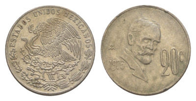 Мексика 20 сентаво 1975 Франциско Индалеси KM 442 медно-никель 4644-644