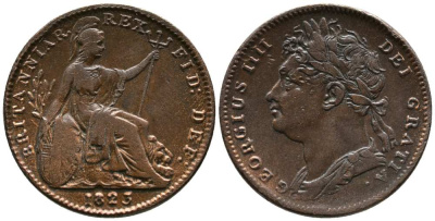 Великобритания 1 фартинг 1823 Георг IV (1820-1830) KM 677, Spink 3822 медь 1518-742