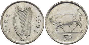 ИРЛАНДИЯ 5 ПЕНСОВ 1998 БЫК KM 28 медно-никель 179-1023