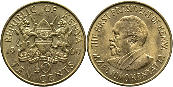 Кения 10 центов 1969 Джомо Кениата KM 11 никель латунь 4526-1114