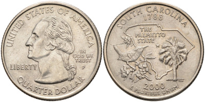 США 25 центов = квотер 2000 P, серия штаты США, Южная Каролина KM 307 медь плакированная медно-никелем 4586-131