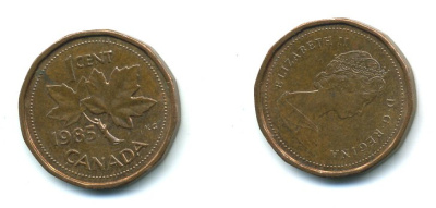 Канада 1 цент 1985 Елизавета II (1952-2022), кленовый лист KM 132 бронза 4364-717