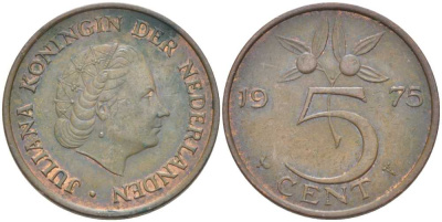 Нидерланды 5 центов 1975 Юлиана (1949-1980) KM 181 бронза 213-1131