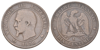Франция 10 сантимов 1856 K, Наполеон III (1852-1870) KM 771.5, Le Franc 133.37 бронза 88-1035