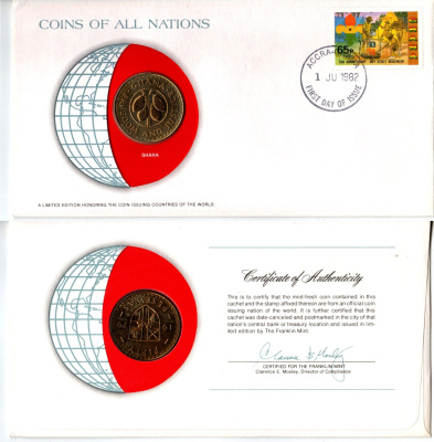 Гана 50 песев 1979 год-тип, конверт с маркой первого дня гашения, Coins of Nations KM 18 алюминиевая бронза UNC 4295-10-2