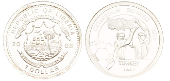 Либерия 1 доллар 2008 Чемпионат Европы по футболу 2008 года. Сборная Турции, тираж 1.000 экземпляров, вес 1,2 гр серебро PROOF 1521-425