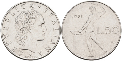 Италия 50 лир 1971 R, бог огня Вулкан у наковальни KM 95.1 нержавеющая сталь 4595-235