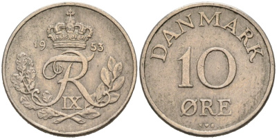 Дания 10 эре 1953 N; S, Фредерик IX (1947-1972) KM 841.1 медно-никель 4564-842