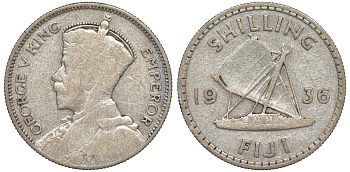 Фиджи 1 шиллинг 1936 Георг V (1910-1936), парусник KM 4 серебро 91-1035