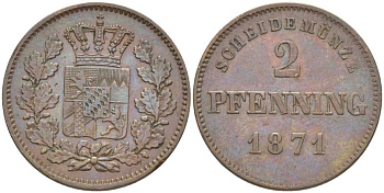 Бавария 2 пфеннига 1871 Людвиг II (1864-1886) KM 478 медь 202-254