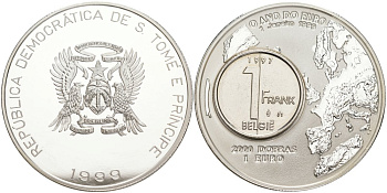 Сан-Томе и Принсипи 2000 добра-1 евро 1999 год евро, карта и Бельгия 1 франк KM 103 серебро PROOF 00-000-00