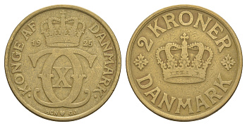 Дания 2 кроны 1925 HCN; GJ, Кристиан X (1912-1947) KM 825 алюминиевая бронза 114-1133