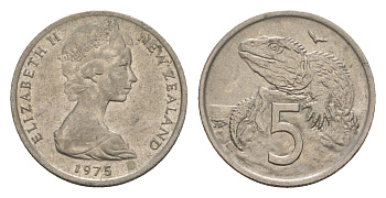 Новая Зеландия 5 центов 1975 Елизавета II (1952-2022), ящерица гаттерия KM 34.1 медно-никель 4655-1158
