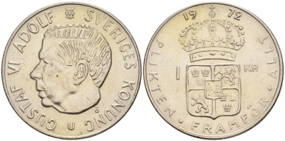 Швеция 1 крона 1972 U, Густав VI Адольф (1950-1973), в лаке KM 826а медь плакированная медно-никелем 4557-415