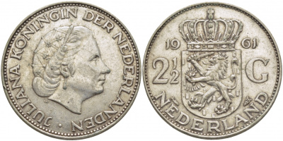 Нидерланды 2 1/2 гульдена 1961 Юлиана (1848-1980) KM 185 серебро 114-532
