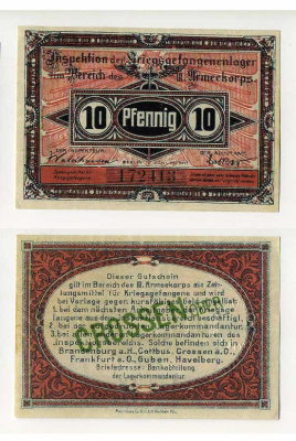 Германия 10 пфеннигов 1917 инспекция лагерей военнопленных в Кроссене, III-ий Армейский корпус C-2847 бумага UNC (пресс) 504-89-3-1