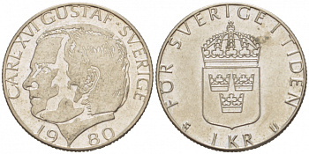 Швеция 1 крона 1980 Карл XVI Густав (1973- ) KM 852 медь плакированная медно-никелем 77-644