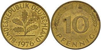ФРГ 10 пфеннигов 1976 J J. 383, KM 108 сталь плакированная латунью    4603-431