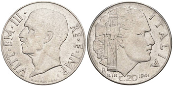 ИТАЛИЯ 20 ЧЕНТЕЗИМО 1941 R, ГОД XIX, ВИКТОР ЭММАНУИЛ III (1900-1946) KM 75b, VEM3. 1028 нержавеющая сталь 3853-647