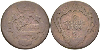 ГОРИЦИЯ, ИТАЛИЯ 2 СОЛЬДО 1799 S, ФРАНЦ II АВСТРИЙСКИЙ (1792-1835) KM 9.5 медь 202-256