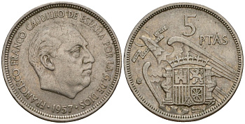 Испания 5 песет 1957 (72) Франсиско Франко (1939-1975) KM 786 медно-никель 186-727
