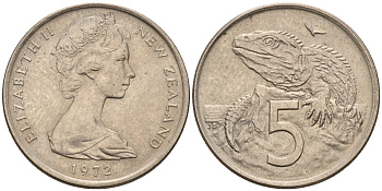 Новая Зеландия 5 центов 1972 Елизавета II (1952-2022), ящерица гаттерия KM 34.1 медно-никель    4602-653