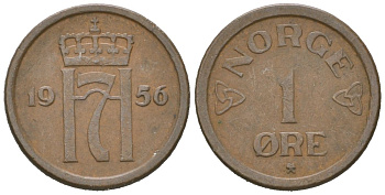 Норвегия 1 эре 1956 Хокон VII (1905-1957) KM 398 бронза 3334-1169