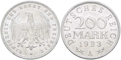 ГЕРМАНИЯ 200 МАРОК 1923 A KM 35, J. 304, Weege 22 алюминий 210-512