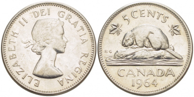 КАНАДА 5 ЦЕНТОВ 1964 БОБЕР, ЕЛИЗАВЕТА II KM 57 никель 4539-753