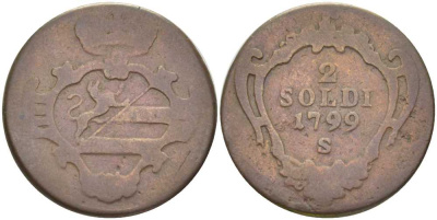 ГОРИЦИЯ, ИТАЛИЯ 2 СОЛЬДО 1799 S, ФРАНЦ II АВСТРИЙСКИЙ (1792-1835) KM 9.5 медь 202-256