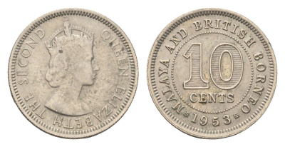 Британская Малайя 10 центов 1953 Елизавета II (1952-2022) KM 2 медно-никель 4659-1237