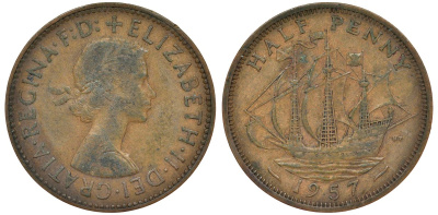 Великобритания 1/2 пенни 1957 Елизавета II (1952-2022) KM 896, Spink 4158 бронза 72-133