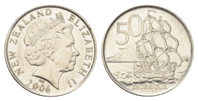 Новая Зеландия 50 центов 2006 Елизавета II (1952-2022), парусник Индевор KM 119a сталь плакированная никелем aUNC 4706-631